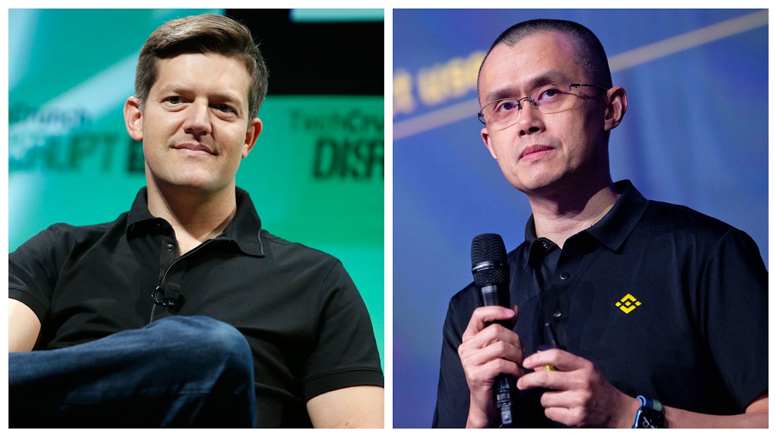Roelof Botha, partner at Sequoia Capital, and Zhao Changpeng, founder of Binance. Photos by Getty Images and Bloomberg.
