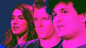 From left: Flori Marquez, co-founder and COO of BlockFi, Tyler Winklevoss co-founder and CEO of Gemini and Sam Bankman-Fried. Photos by Bloomberg. Art by Mike Sullivan.