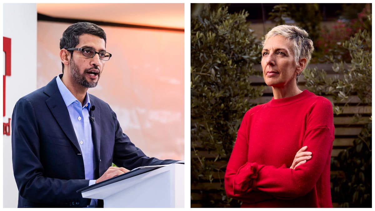 Google CEO Sundar Pichai and its HR chief Fiona Cicconi. Photos by Bloomberg and Onur Pinar.