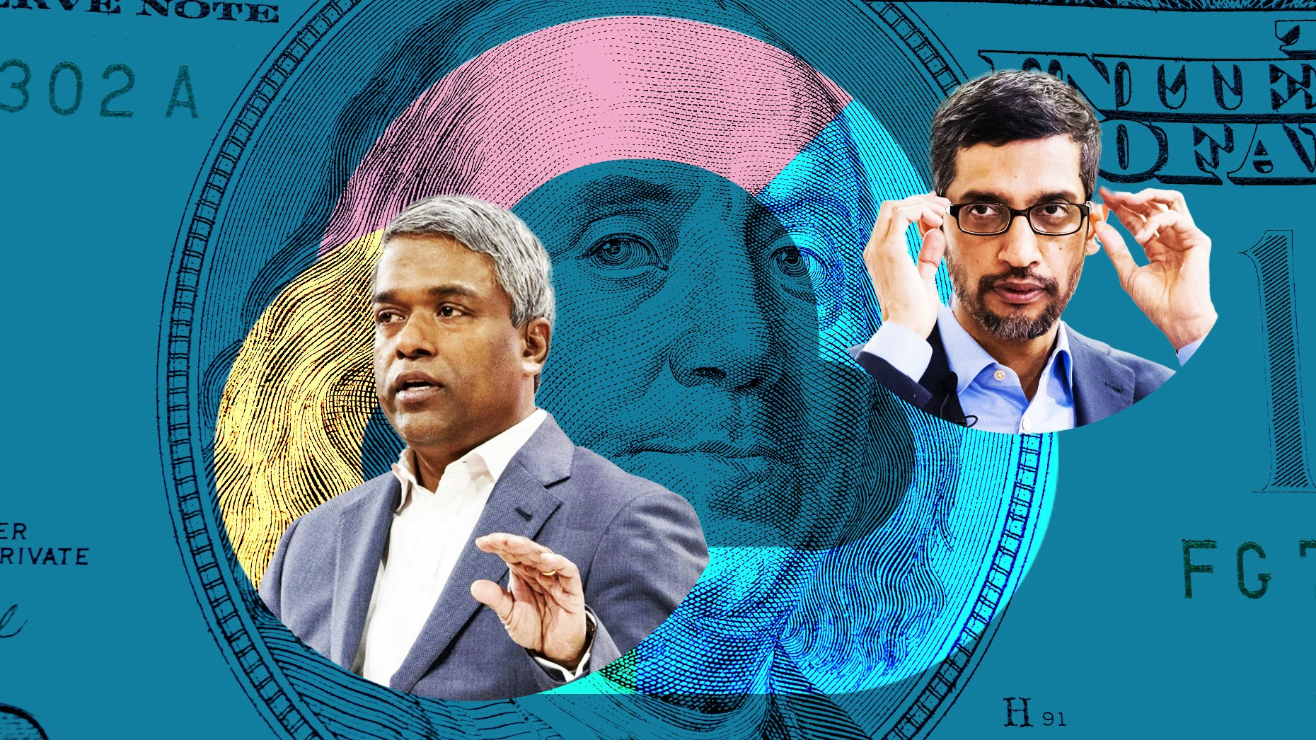 Google Cloud CEO Thomas Kurian and Alphabet CEO Sundar Pichai. Photos by Bloomberg. Art by Mike Sullivan