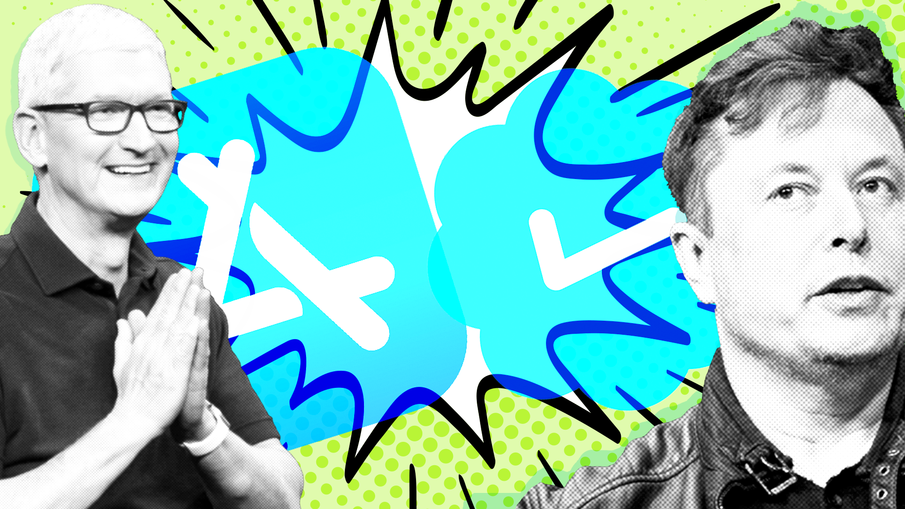 Tim Cook and Elon Musk. Photos by Bloomberg. Art by Mike Sullivan