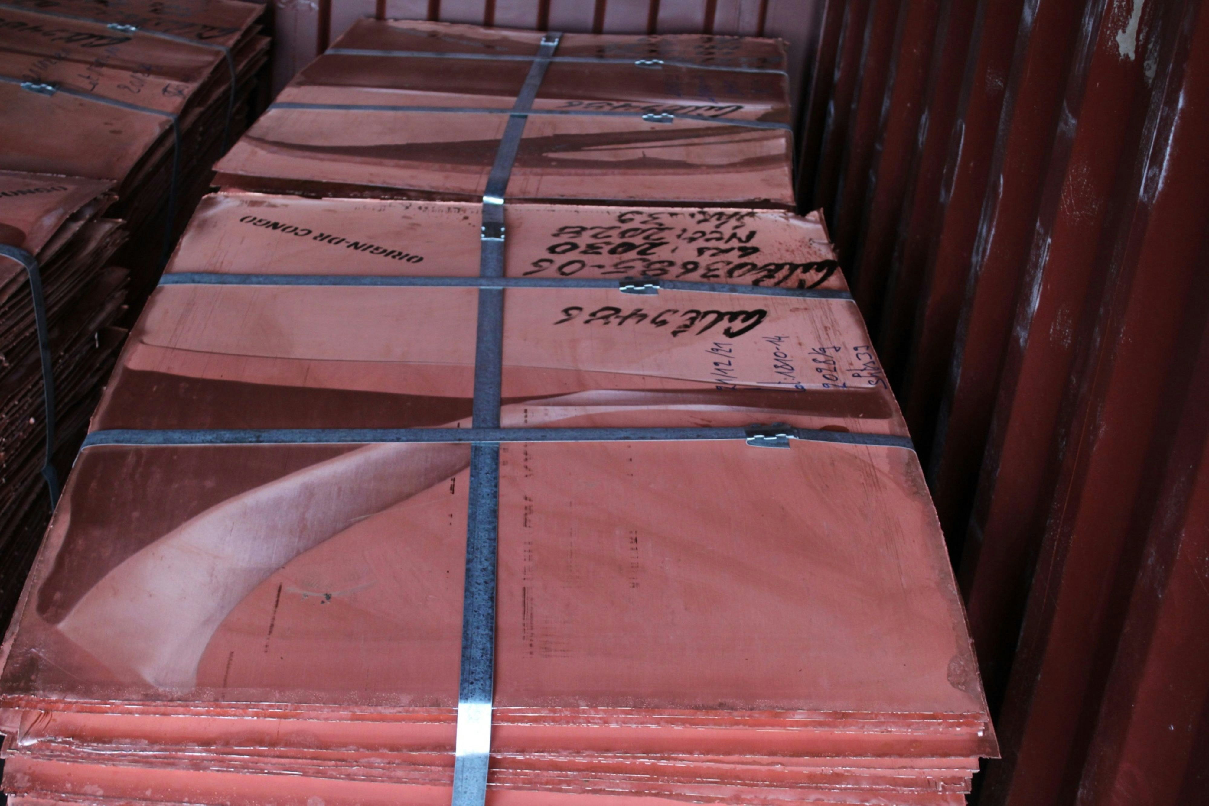 Copper, necessary in electric vehicle batteries, ready for export in Democratic Republic of the Congo, whose supply is dominated by Chinese companies. Photo: Lucien Kahozi/Bloomberg