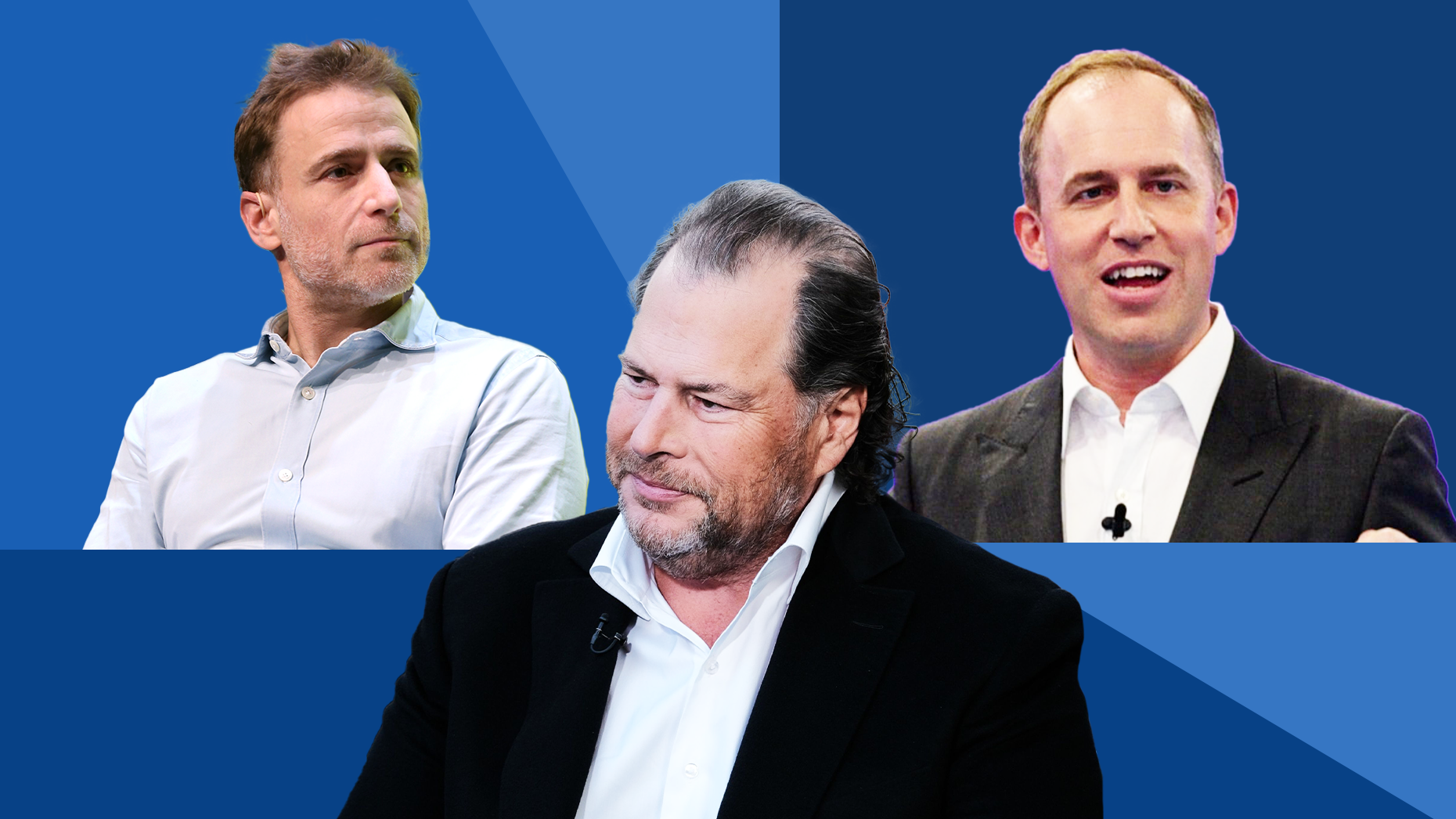 From left: Stewart Butterfield, Marc Benioff and Bret Taylor. Photos by Getty; Bloomberg.