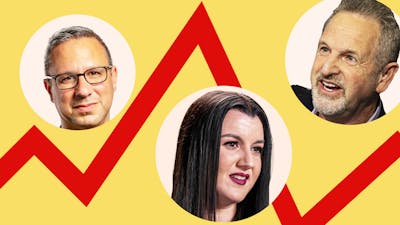 From left: Ariel Cohen, CEO and founder of TripActions; Fidji Simo, CEO of Instacart; Rene Haas, CEO of ARM. Photos by Bloomberg. Art by Mike Sullivan.