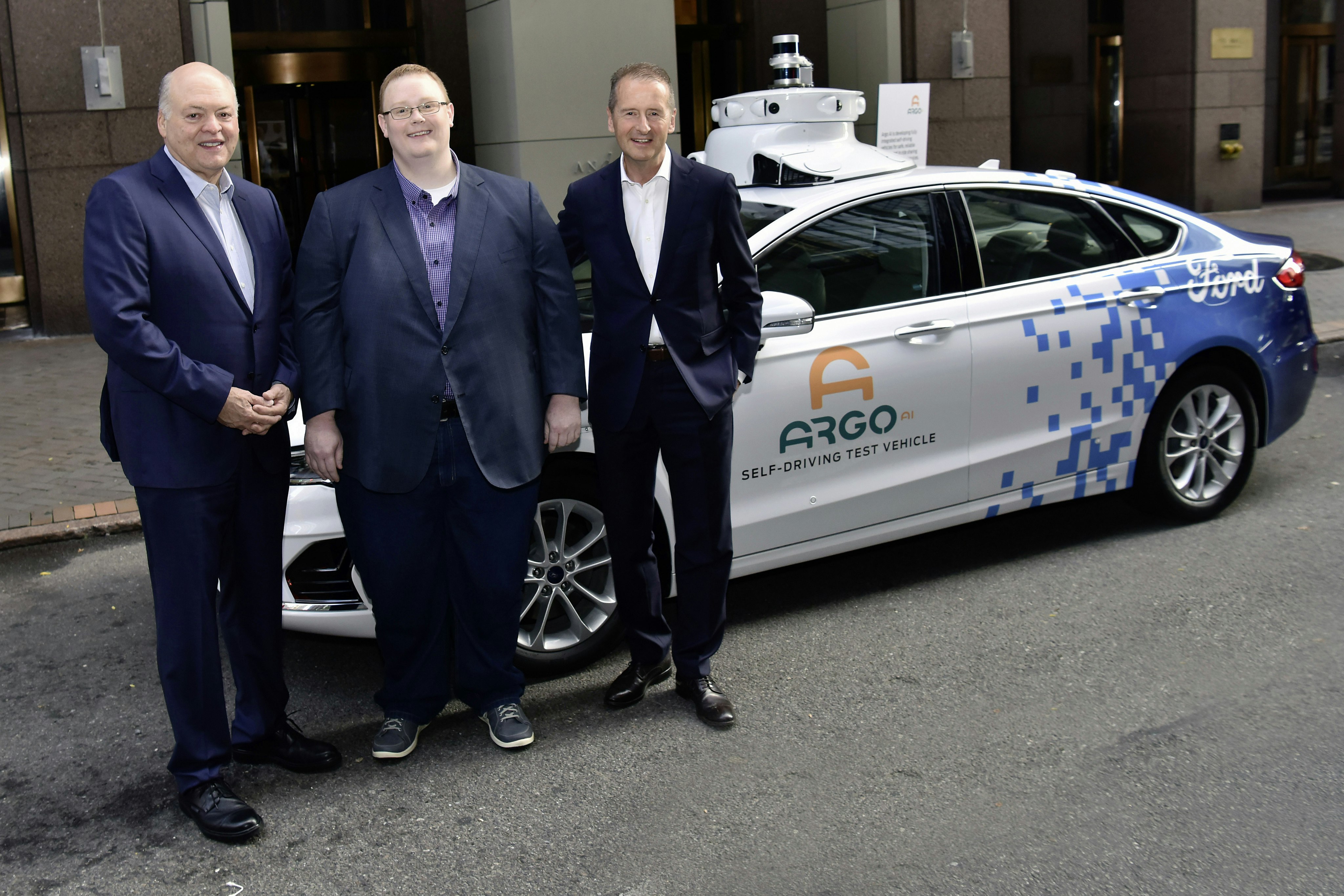 In 2019, Volkswagen became a joint investor with Ford in Argo AI. Left to right: Ford CEO Jim Hackett, Argo CEO Bryan Salesky, VW CEO Herbert Diess. Photo: Courtesy VW