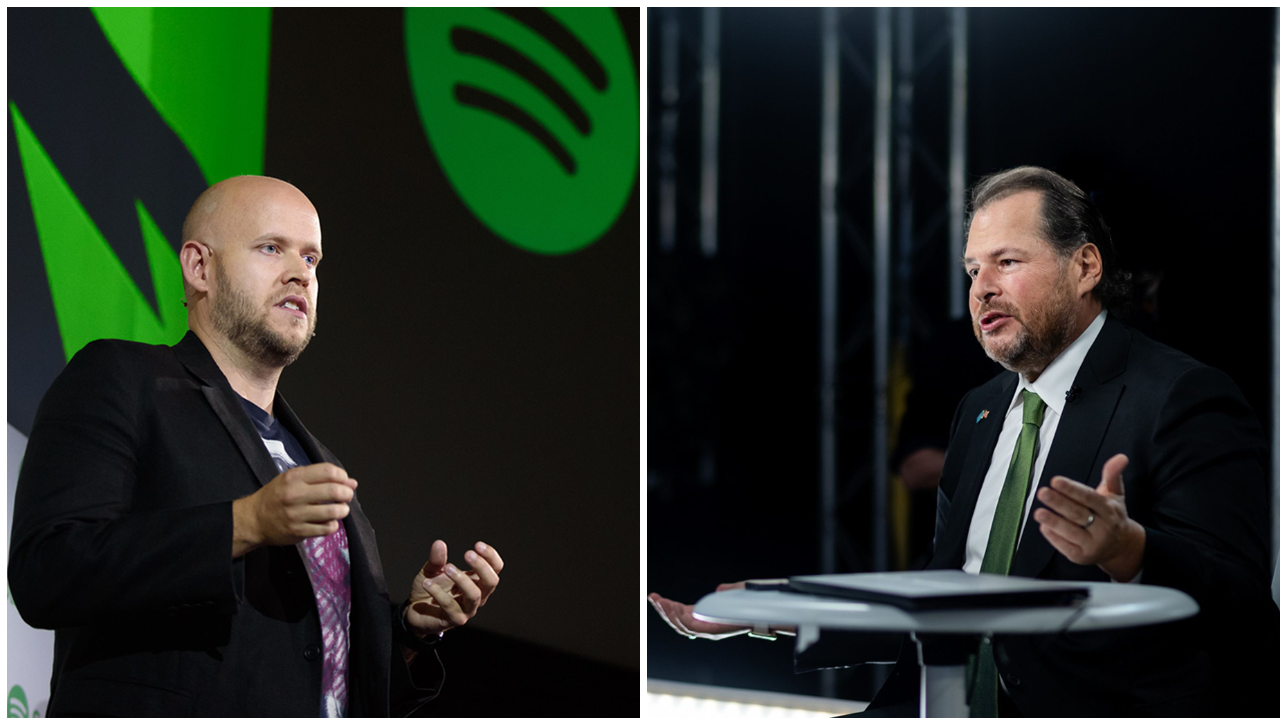  Daniel Ek and Marc Benioff. Photos by Bloomberg. 