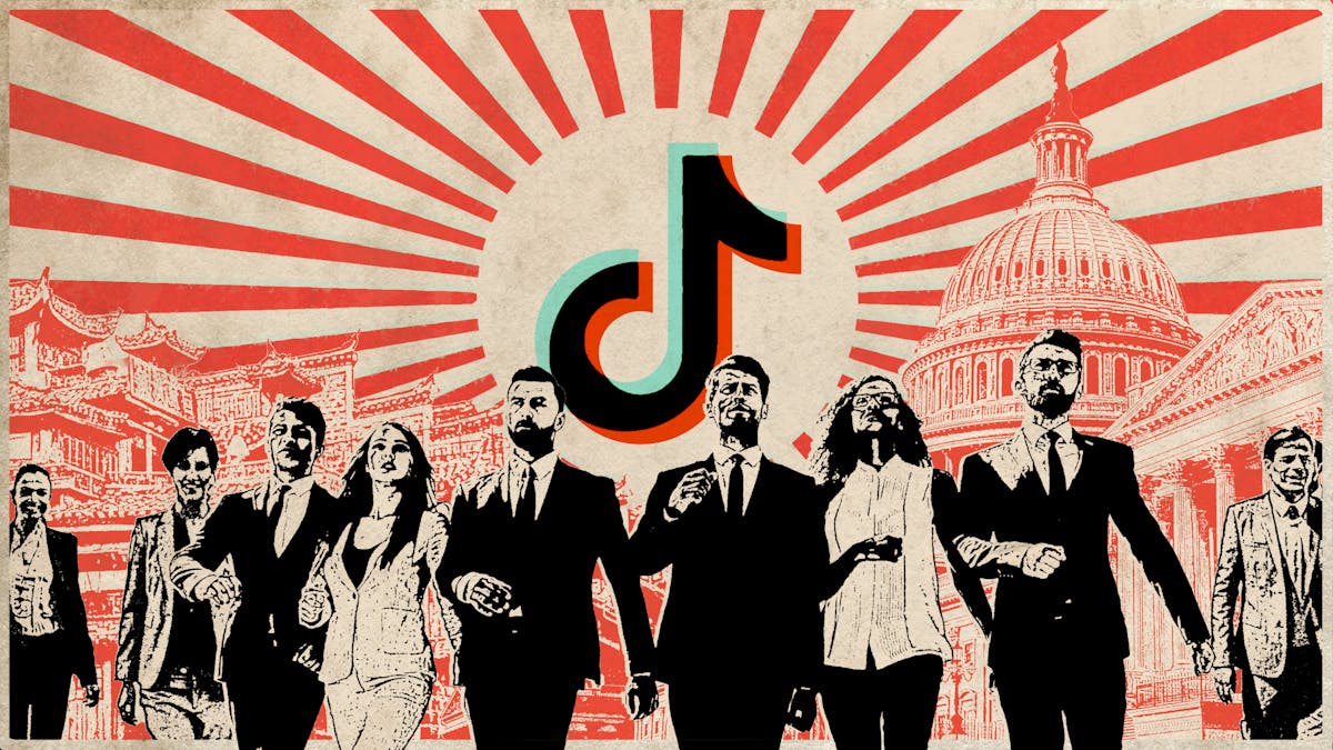  Illustration of people in suits and dresses with the TikTok logo in the background with a red and white striped background.