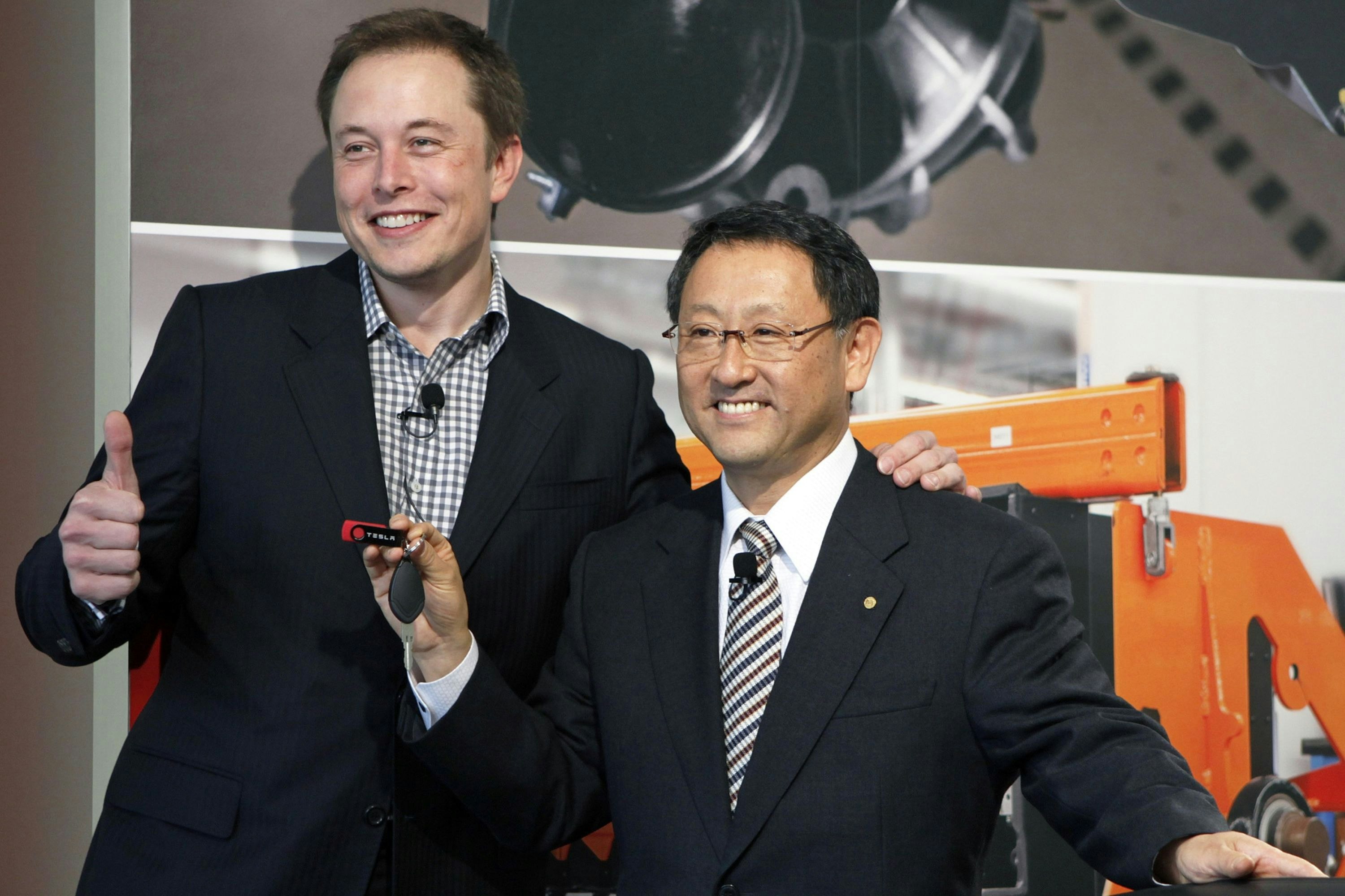 In Palo Alto, CA. in November 2010, Musk and Toyoda announce what would become a star-crossed partnership. Photo: Kiyoshi Ota/Bloomberg